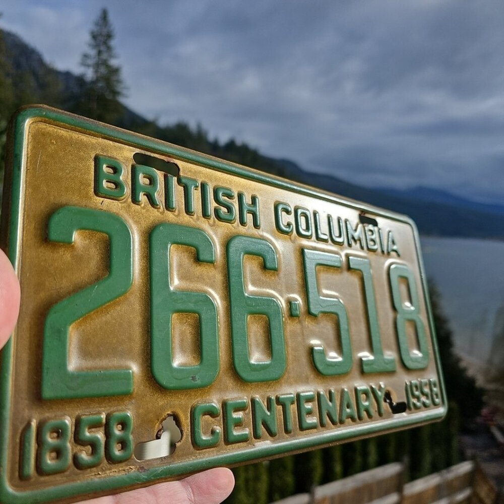 1958 Centenary British Columbia BC Canada License Plate Green Letters & Gold